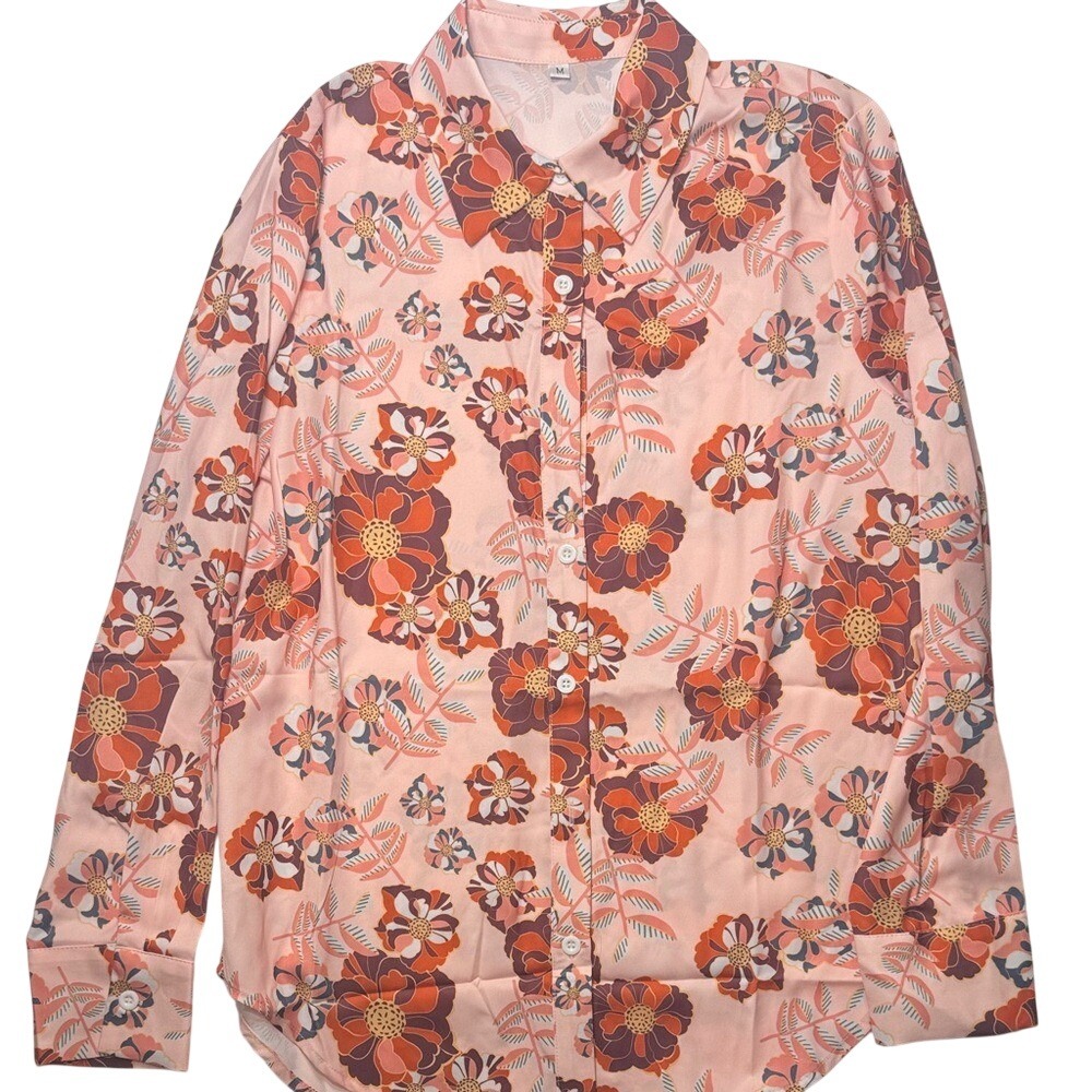 Women's Pink Floral Button-Down Shirt with Long Sleeves